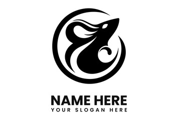 Stylized black silhouette of a rat or mouse within a circular frame, with text below.