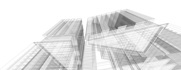 Architecture background. Perspective 3d Wireframe of building design.