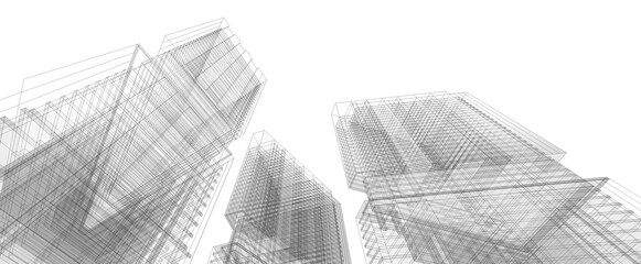 Architecture background. Perspective 3d Wireframe of building design.