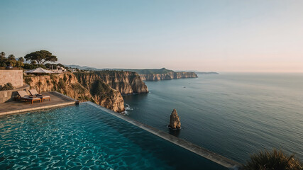 Infinity pool overlooking picturesque ocean and cliffs at sunset