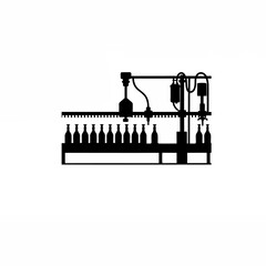 Silhouette of bottle-filling machines operating along a production line on white background
