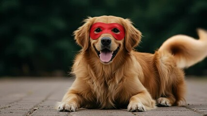 Golden retriever wears red mask and poses happily outdoors in a playful moment at the park on a sunny day