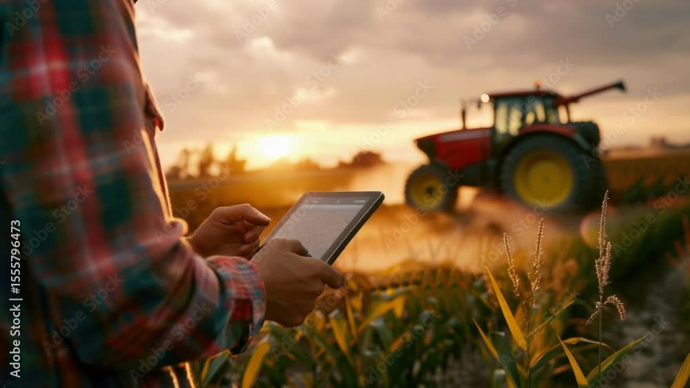 Poster A farmer working in the field with a tablet computer, useful for farm management and record-keeping