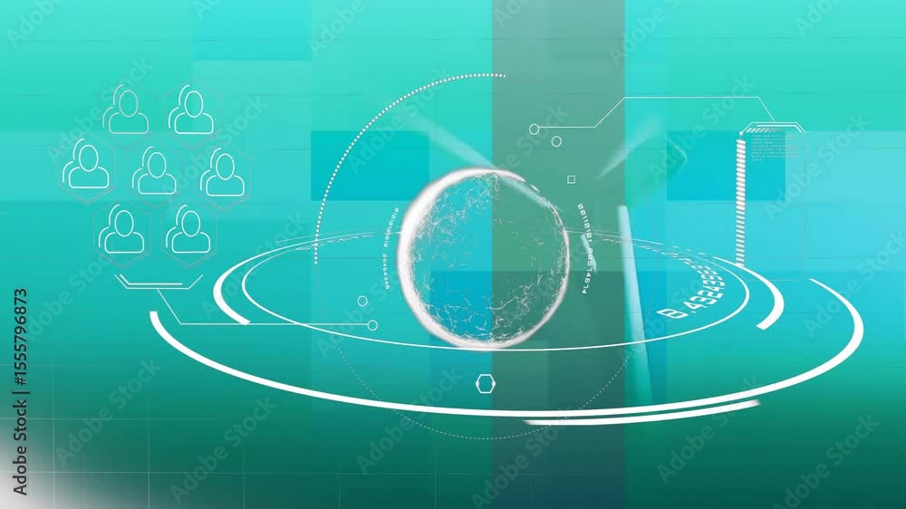 Poster globe rotating triggers rings appearing, turbine blade sweeping as data updates for energy insights