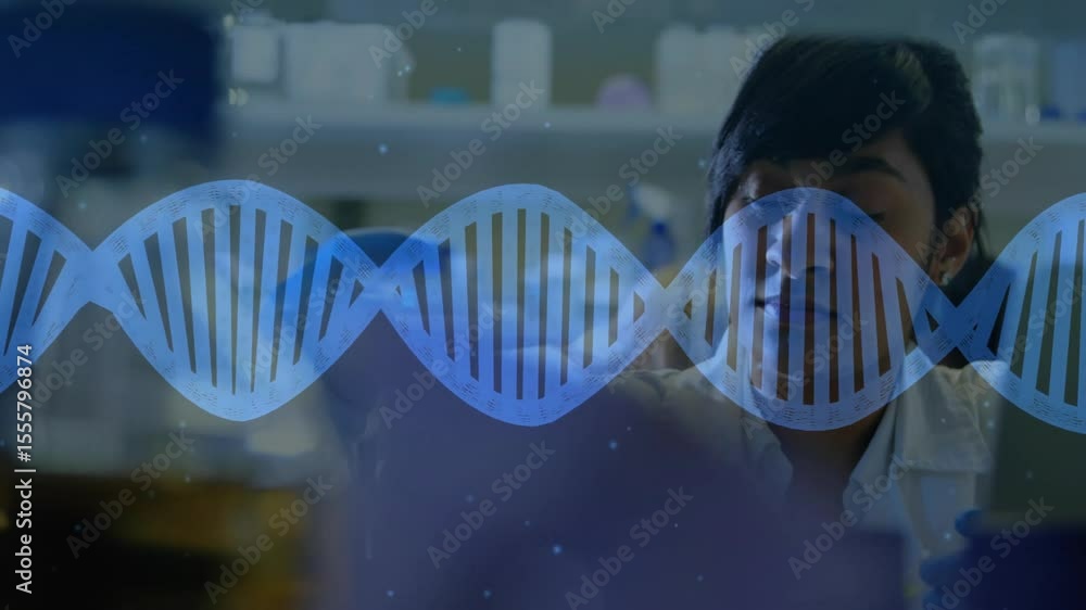 Poster transparent dna helix pulsing triggers lab reveal while scientist lifting vial hypothesizing