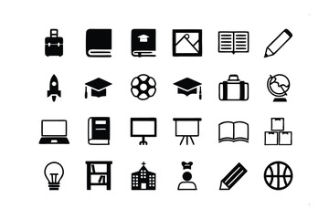 Education Icon Set: A comprehensive collection of  black and white education icons, perfect for websites, presentations, or app design.  Includes various icons representing learning, travel.