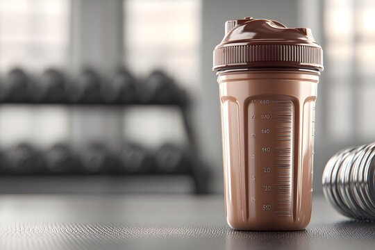 Protein shaker bottle and weights on gym floor for fitness lifestyle promotion