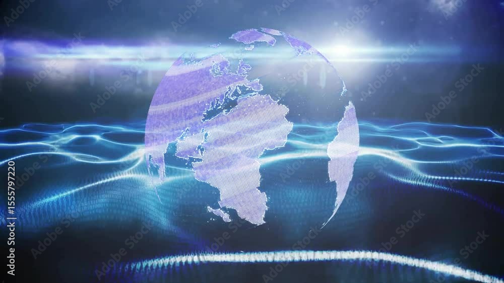 Poster on start digital globe appearing rotating with pulsing waveforms and crossing flare to display data