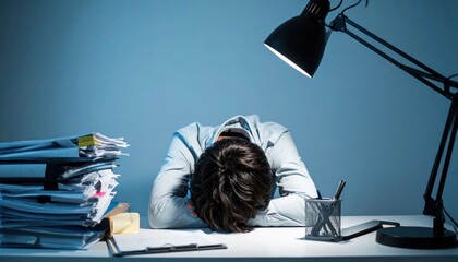 Tired office worker overwhelmed by paperwork, sleeping at desk under lamp light, symbolizing burnout and workplace stress