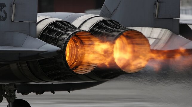Fighter jet engines produce flames during takeoff at military airfield in early morning