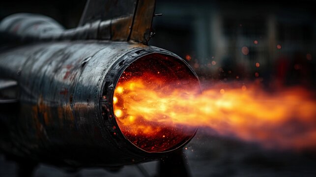 Jet engine producing intense flames during a test at an aviation facility