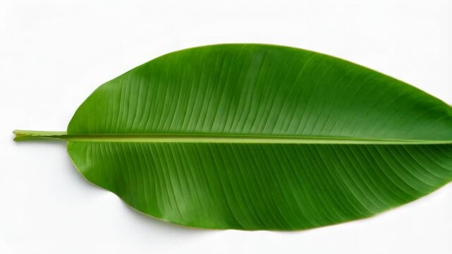 Detailed vibrant green banana leaf with visible veins on a plain white background in horizontal orientation