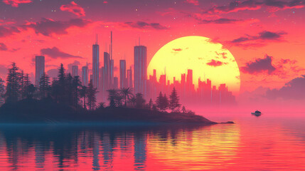 Futuristic cityscape reflecting on water at sunset with boat sailing away
