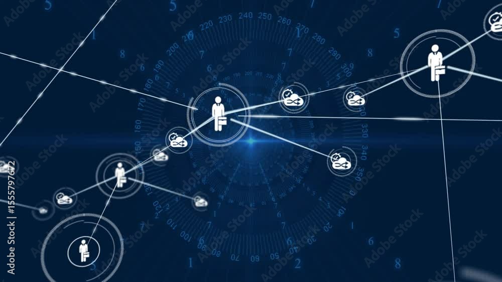 Poster rotating grid interface showing central business icon sending lines to cloud nodes, growing network