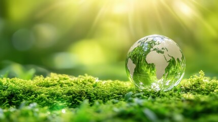 Glass globe resting on vibrant green moss symbolizing environmental conservation