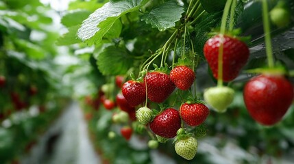 Fresh strawberries ripening under greenhouse conditions in a vibrant growing environment
