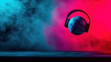Planet earth wearing headphones floating in colorful neon smoke background