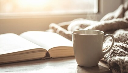 Obraz premium Cozy morning with hot drink, open book, and warm blanket by window in soft sunlight, peaceful and relaxing atmosphere