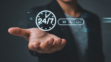 Person s hand holding glowing 24 7 service icons image