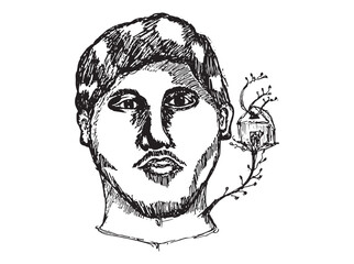 Hand-drawn black and white portrait of a man with surreal plant elements growing from his head. Artistic concept representing nature, growth, and human imagination.