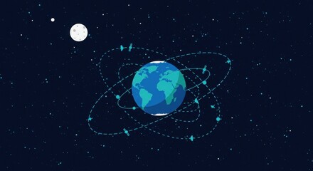 Naklejka premium Minimalist Earth with satellite orbital paths. Cartoon-like digital globe in deep space. Simplified continents with dashed orbit lines.