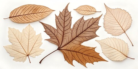 Obraz premium Autumn-themed flat lay with dried brown and beige leaves on white background, symbolizing fall season, nature, seasonal change, and organic textures in minimalist style.