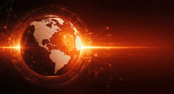 Orange and red globe with network connectivity grid. Digital artwork symbolizing global communication. Futuristic Earth with glowing binary code effects.