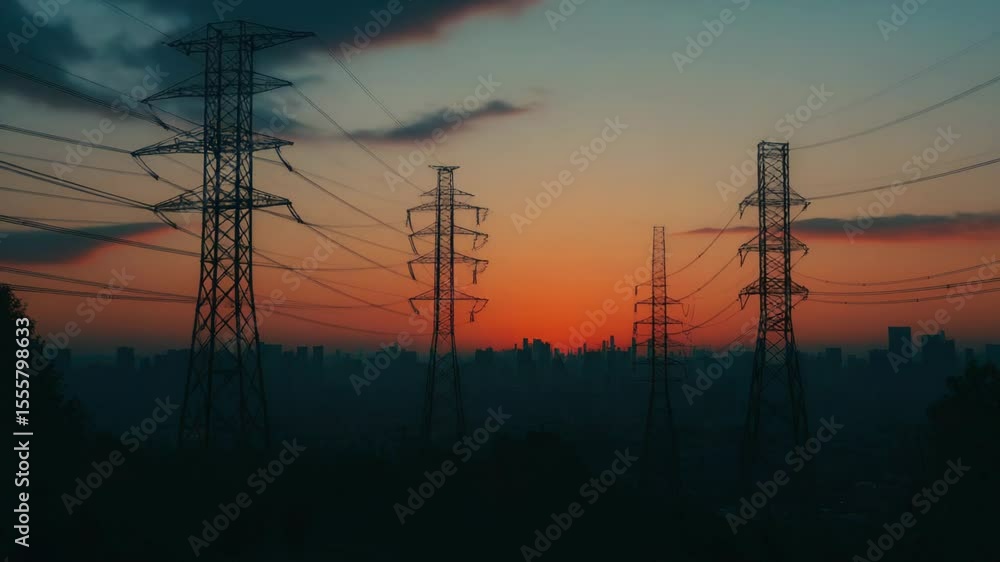 Poster urban landscape with power lines and setting sun, suitable for use as a background or in a design