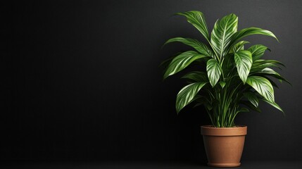 Obraz premium A large green houseplant in a very nice pot on black background. Space for text.