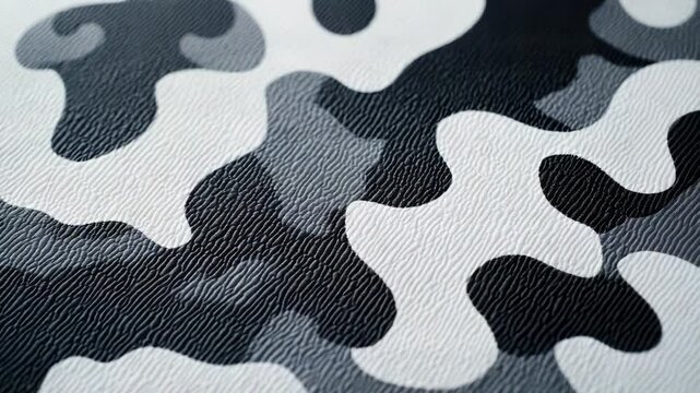 A close-up view of black and white camouflage fabric texture
