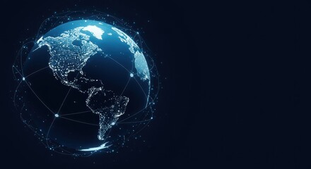 Blue and white globe with interconnected network. Modern digital Earth illustration. Global communication and technology theme.