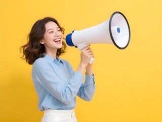 Happy Woman Speaking with Megaphone on Yellow Background