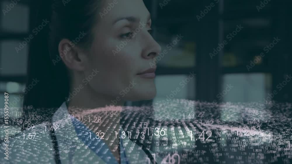 Poster doctor speaking by window activating holographic numeric grid with colleague joining team analysis