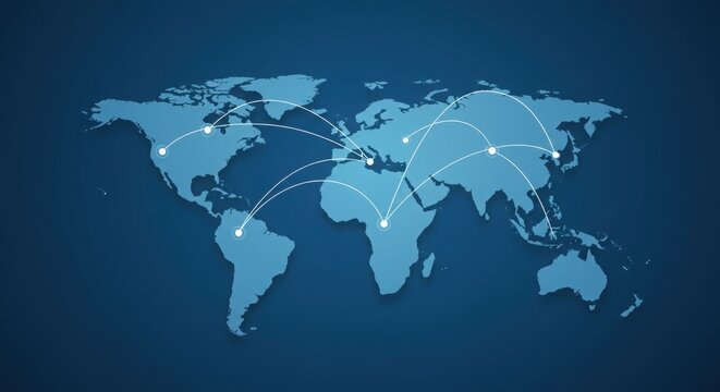 Stylized world map with white network overlay. Modern global connectivity concept. Blue gradient background with web pattern.