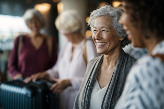 A joyful group of cheerful senior women, all smiles, eagerly preparing for their exciting journey at the airport