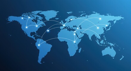 Modern world map with connectivity network. Global communication lines and glowing nodes. Sleek blue gradient tech illustration.