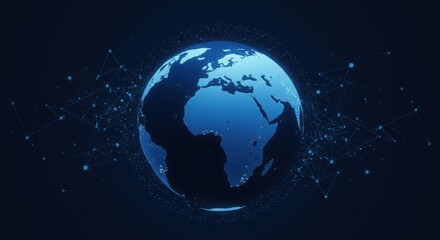 Naklejka premium Blue globe with interconnected web pattern. Futuristic Earth illustration symbolizing connectivity. Centered glowing planet on dark background.
