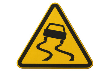 Yellow triangular warning traffic sign indicating slippery road conditions, isolated on a transparent background, symbolizing potential driving hazards