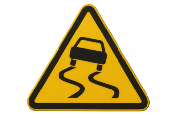 Yellow triangular warning traffic sign indicating slippery road conditions, isolated on a transparent background, symbolizing potential driving hazards
