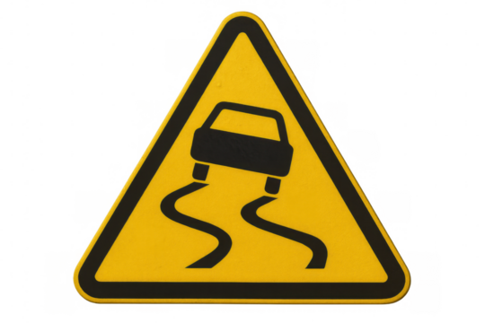 Yellow triangular warning traffic sign indicating slippery road conditions, isolated on a transparent background, symbolizing potential driving hazards