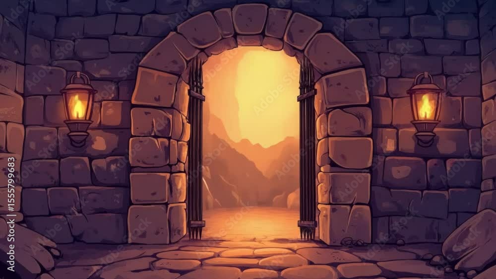 Poster a stone wall with a gate as the central feature, suitable for use in architectural or landscape desi