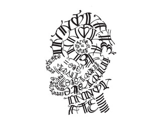 Abstract black and white illustration of a human head filled with typography and decorative letters. Creative design representing communication, imagination, and artistic expression. Suitable for edit
