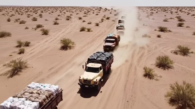 Aerial View of a Vehicle Convoy Crossing a Sandy Desert