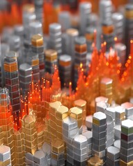 Abstract Hexagon Cityscape: Gold, Silver, Orange