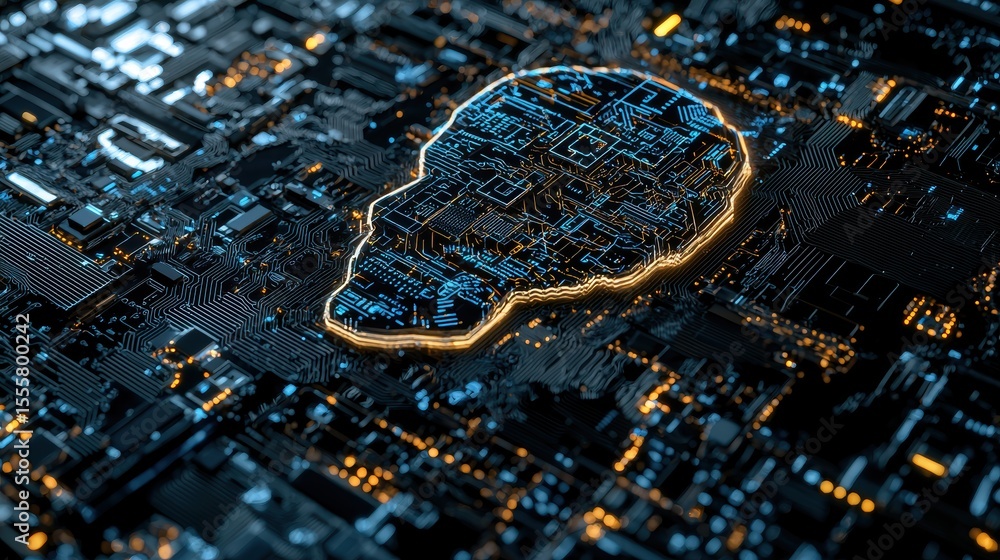 Poster a digital circuit board featuring a glowing brain-shaped outline symbolizing artificial intelligence