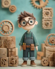Adorable Cartoon Boy Mechanic with Wooden Gears