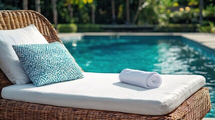 Close up of a rattan chaise lounge on a pool deck with bright turquoise pool water in the background on a sunny summer day
