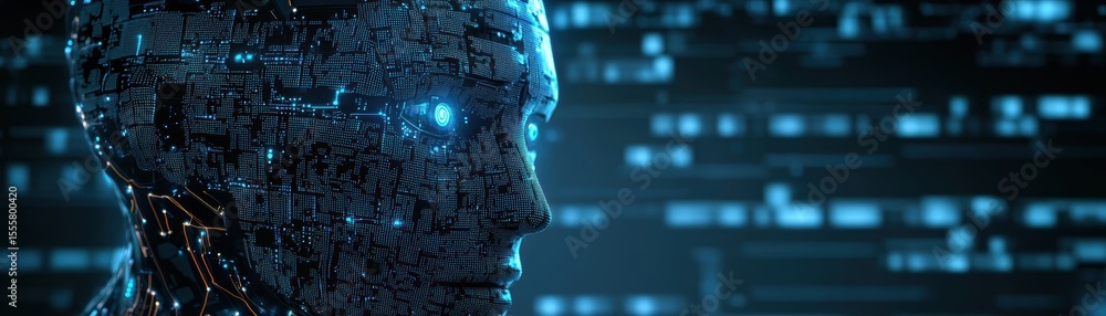 Poster a digital humanoid robot head with glowing blue eyes and intricate circuitry, set against a futurist