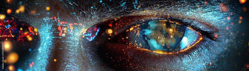 Poster close-up of a human eye with digital data overlays and vibrant light effects, symbolizing technology