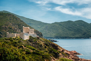 The recently renovated Genoese tower and fortress at Girolata, a small fishing village on the west coast of the mediteranean island of Corsica, only reached by foot or by boat